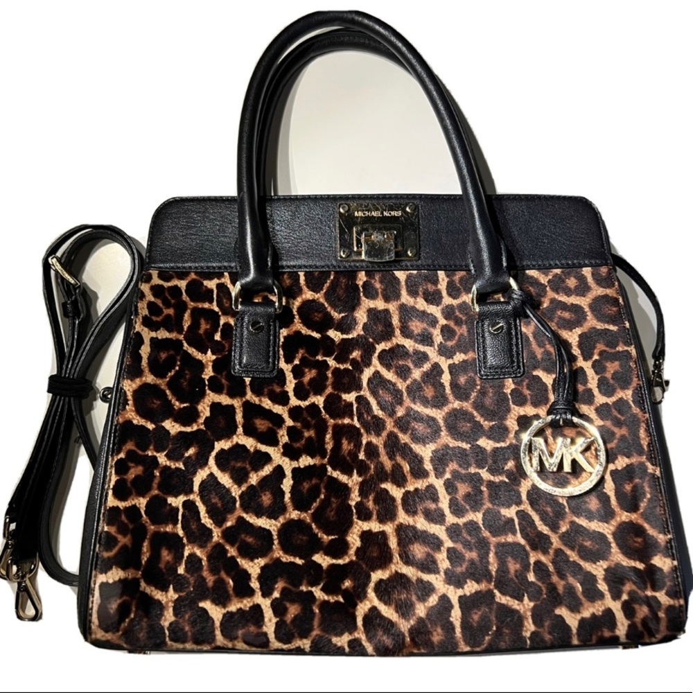 Michael Kors Leopard Calf Hair Tote Bag with Black Leather & Gold Accents